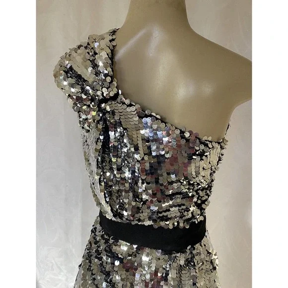 NWT Carven Sequin Dress One Shoulder Silver Metallic Asymmetric Sheath 3… - Picture 9 of 14